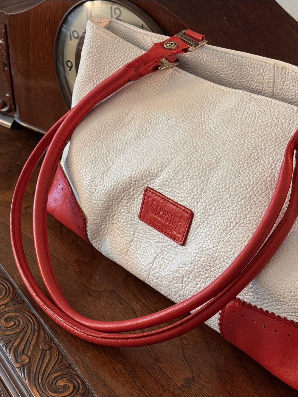 Vintage Valentina White & Red Italian Pebbled  Leather Shoulder Bag